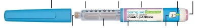Długopis do iniekcji Semglee z niebieskim i przezroczystym korpusem pokazującym skalę pomiarową oraz napis insulin glargine na białym i niebieskim tle