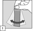 Una mano sostiene verticalmente una tira de tejido mientras una flecha curva indica un movimiento de rotación lateral hacia la derecha y la izquierda