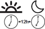 Iconos negros de un sol naciente y una luna creciente sobre dos relojes que indican un intervalo de toma de 12 horas entre ellos