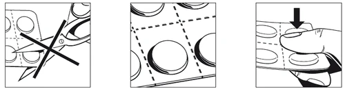Three line drawings show a pill blister pack with crossed scissors, a dotted grid for separation, and a hand pressing out a dose