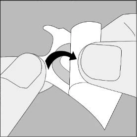 Dibujo estilizado que muestra una flecha negra curva que indica el movimiento de rotación de una tapa o dispositivo entre dos manos