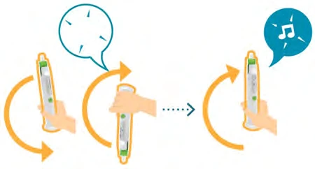 Diagrama que muestra manos girando un dispositivo médico con flechas naranjas e iconos de un reloj y una nota musical en burbujas azules