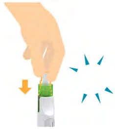 Una mano sostiene un frasco médico con tapón verde y una flecha naranja indica el movimiento hacia abajo para el