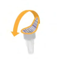 Flecha naranja curva que indica el movimiento de rotación hacia abajo para desenroscar o abrir un recipiente médico blanco y transparente
