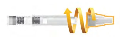 Pluma inyectora transparente con flecha naranja curva que indica un movimiento rotatorio hacia el