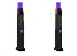 Dos dispositivos médicos idénticos de color negro con una parte superior morada y un botón circular morado en el cuerpo central sobre fondo blanco
