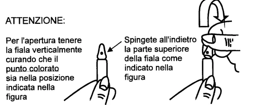 Diagram with instructions for opening a vial by holding it vertically and pushing backward