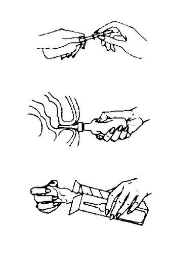 Tres dibujos lineales muestran manos abriendo un envase, sacando un frasco y agitándolo para mezclar su contenido