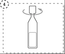 Diagram with a curved arrow indicating the rotation of a medical vial cap on a white background with a dashed border
