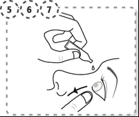 Line drawing showing a hand applying a drop of liquid to the top of the nose of a face with numbers 5, 6, and 7 at the top