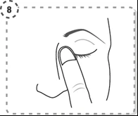 Black and white drawing showing a finger gently pressing on the closed eyelid of an eye with the number 8 in a dashed circle