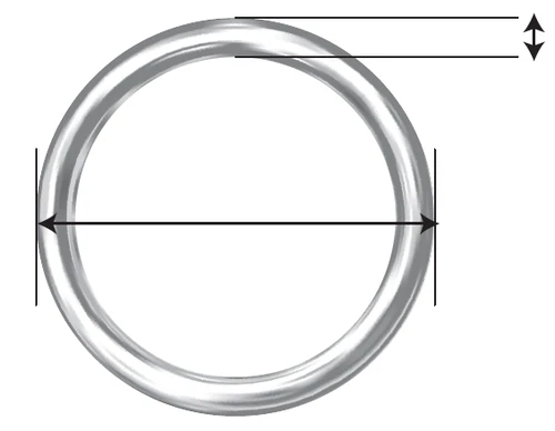 Diagram of a metal ring with black arrows indicating the circumference thickness and the inner diameter
