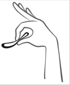 Line drawing of a hand holding a small oval-shaped pill or tablet between thumb and index finger
