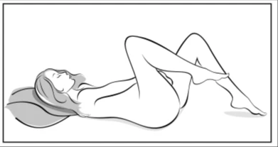 Line drawing of a woman with long hair lying on her side with knees bent and head resting on a pillow