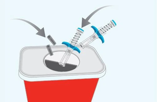 Illustration of two syringes with blue handles being placed into a red container with a circular top opening via grey arrows