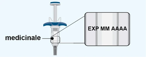 Diagram of a syringe with a close-up of the barrel indicating the position of the medication and the field for the expiration date EXP MM YYYY