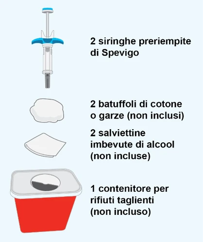 Two pre-filled syringes of Spevigo, two cotton pads or gauzes, two alcohol wipes, and a sharps disposal container