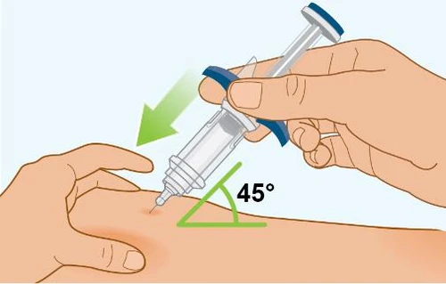 A hand holding a syringe at a 45-degree angle injecting medication into the arm while the
