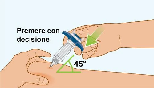 Illustration of a hand holding a syringe at a 45-degree angle to the thigh with the text 'Press firmly' and the