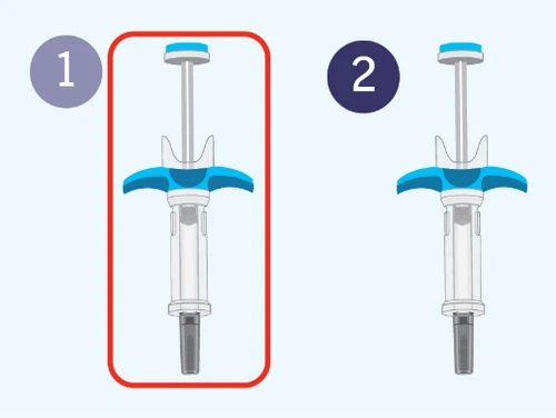 Two numbered illustrations showing a syringe medical device with a transparent body, blue handle, and white plunger