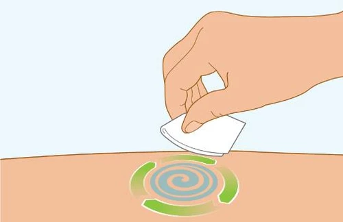 A hand applying a white bandage to a skin area marked with a blue spiral circle and green circular arrows