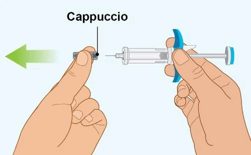 Two hands handling a syringe with needle, one hand removing the grey cap indicated by a green arrow pointing left