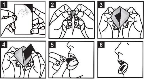 Six numbered panels showing how to open a sachet, fold it into a triangle, and pour the contents into the mouth for
