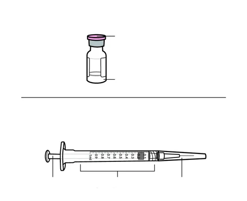 Dibujo técnico de un frasco de vidrio con tapón rosa y una jeringa graduada horizontal con escala métrica de 0,1 a 1 ml