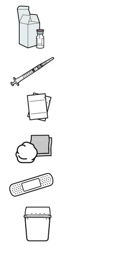 Dibujo lineal de una caja con frasco, jeringa, prospectos, gasa, bola de algodón, esparadrapo y un contenedor para residuos médicos