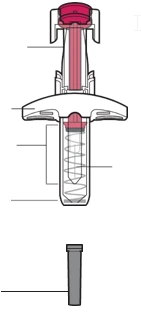 Diagrama técnico de una jeringa precargada con émbolo rojo, cuerpo transparente con resorte interno y líneas de referencia para las partes del dispositivo