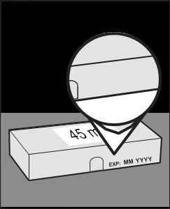 Dibujo esquemático de una caja de medicamentos con un aumento circular que muestra la indicación 45 m y la fecha de caducidad EXP MM AAAA
