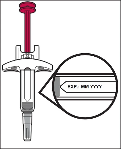 Dispositivo médico con botón rojo superior y aumento que muestra la indicación de la fecha de caducidad EXP MM AAAA sobre fondo blanco