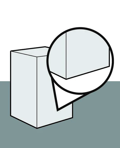 Diagrama esquemático de un objeto rectangular tridimensional gris claro sobre fondo verde agua con un aumento circular del