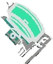 Ilustración estilizada de un dispositivo médico con una parte superior verde brillante y una base gris con pequeños detalles técnicos