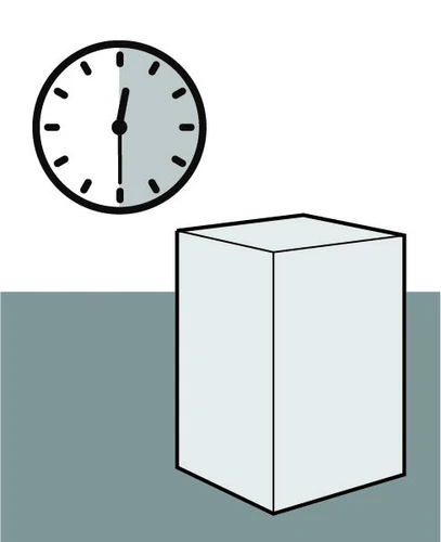 Reloj analógico con agujas que indican las doce colocado sobre un bloque rectangular blanco sobre fondo gris y blanco