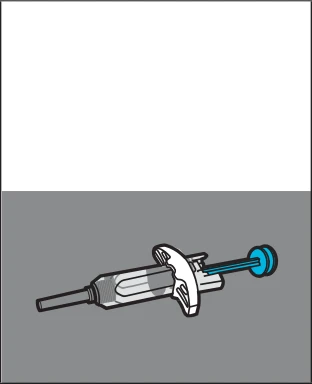 Ilustración técnica de una jeringa desechable con aguja y émbolo azul sobre fondo gris neutro