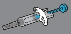 Ilustración estilizada de un dispositivo médico para inyección con cuerpo cilíndrico transparente, émbolo azul y empuñadura blanca moldeada