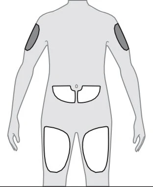Diagrama del cuerpo humano visto por la espalda con áreas resaltadas en brazos, caderas y muslos para indicar los sitios de aplicación
