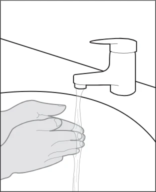 Dibujo en blanco y negro de dos manos que se lavan bajo un chorro de