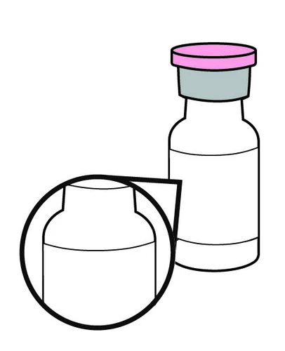 Dibujo estilizado de un frasco con tapón rosa y un aumento circular que muestra el detalle de la parte superior del recipiente blanco