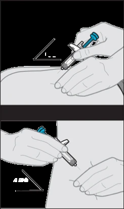 Dos ilustraciones muestran manos que sostienen una jeringa para inyectar un medicamento en una zona del cuerpo con diferentes ángulos