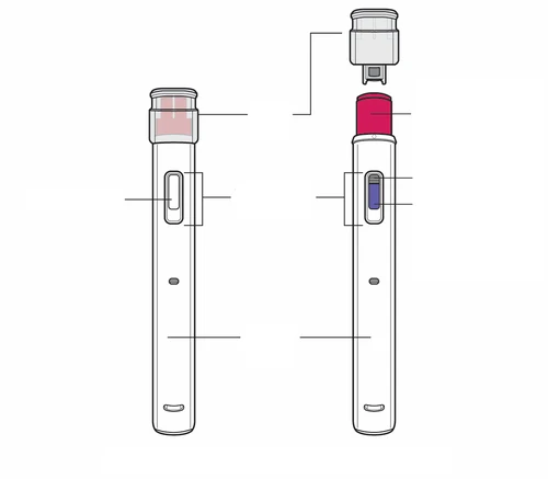Diagrama técnico de una pluma inyectora con componentes resaltados por líneas guía, incluyendo la tapa desmontable y la