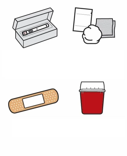 Dibujo de una caja abierta con un dispositivo médico, un guante con un pañuelo, un esparadrapo de color piel y un contenedor para residuos rojos