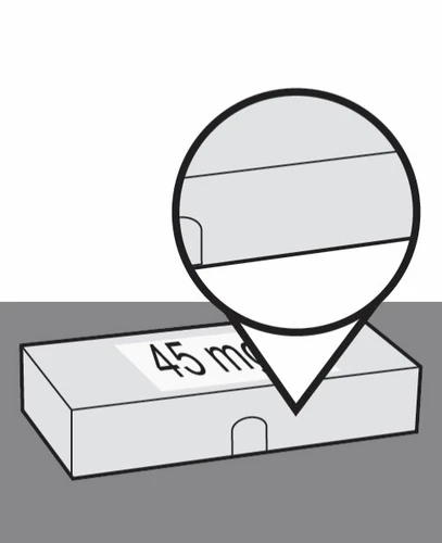 Diagrama técnico que muestra un detalle ampliado del texto 45 mg en una caja rectangular de un medicamento sobre fondo gris
