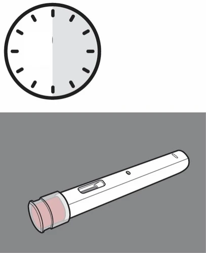 Reloj analógico estilizado con agujas y un dispositivo médico con forma de pluma blanca con punta rosa sobre fondo gris y blanco