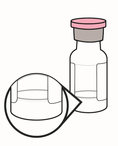 Ilustración de un frasco de vidrio transparente con tapón rosa y un aumento circular que muestra el nivel del líquido en el