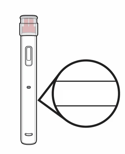 Dibujo técnico de una pluma inyectable blanca con un aumento circular que muestra el detalle de la parte central del dispositivo