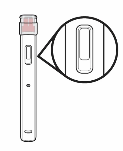 Dibujo técnico de una pluma inyectora blanca con un aumento circular que muestra en detalle la ventana de control transparente central