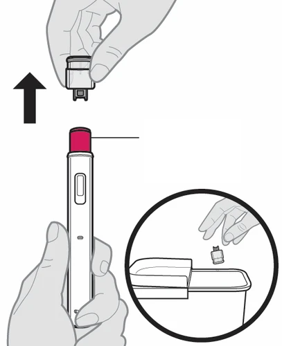 Ilustración que muestra una mano que retira la tapa de un dispositivo médico y otra mano que la tira a un contenedor para residuos