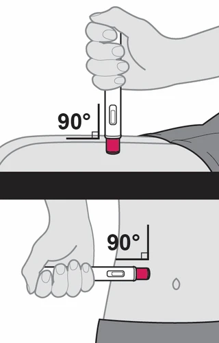 Ilustración médica que muestra dos formas de inyectar un medicamento con un dispositivo a 90 grados en la parte superior del muslo y en la